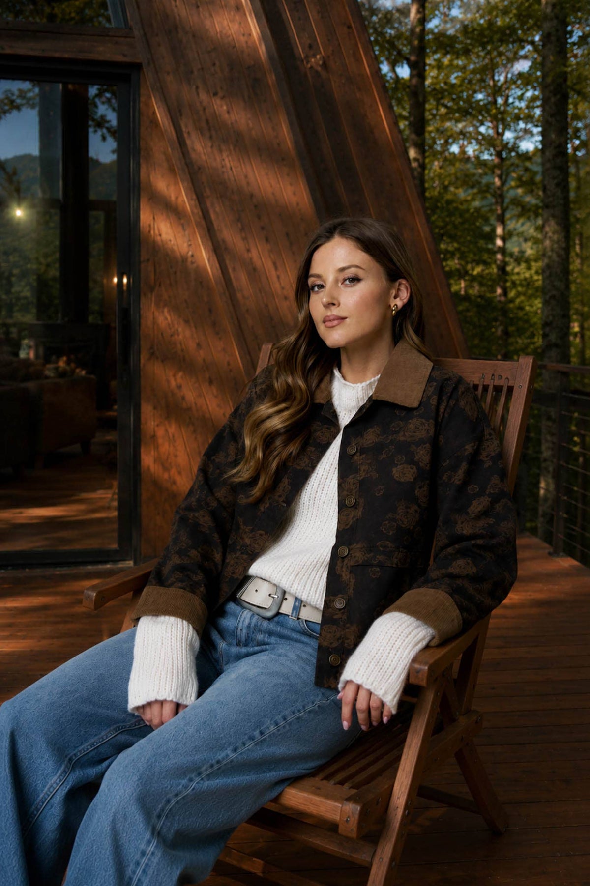 Floral Denim Jacquard Corduroy Collar Jacket