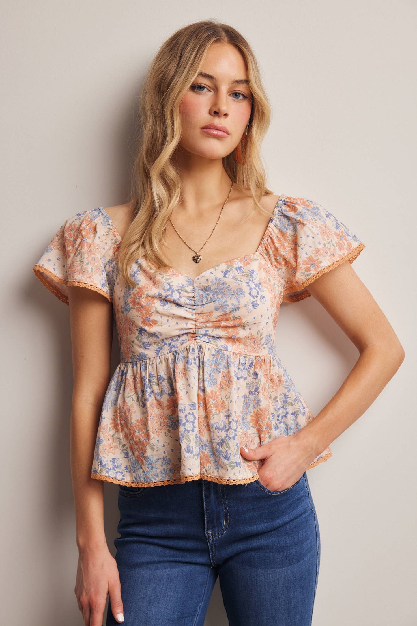Floral Ruched Peplum Cotton Top