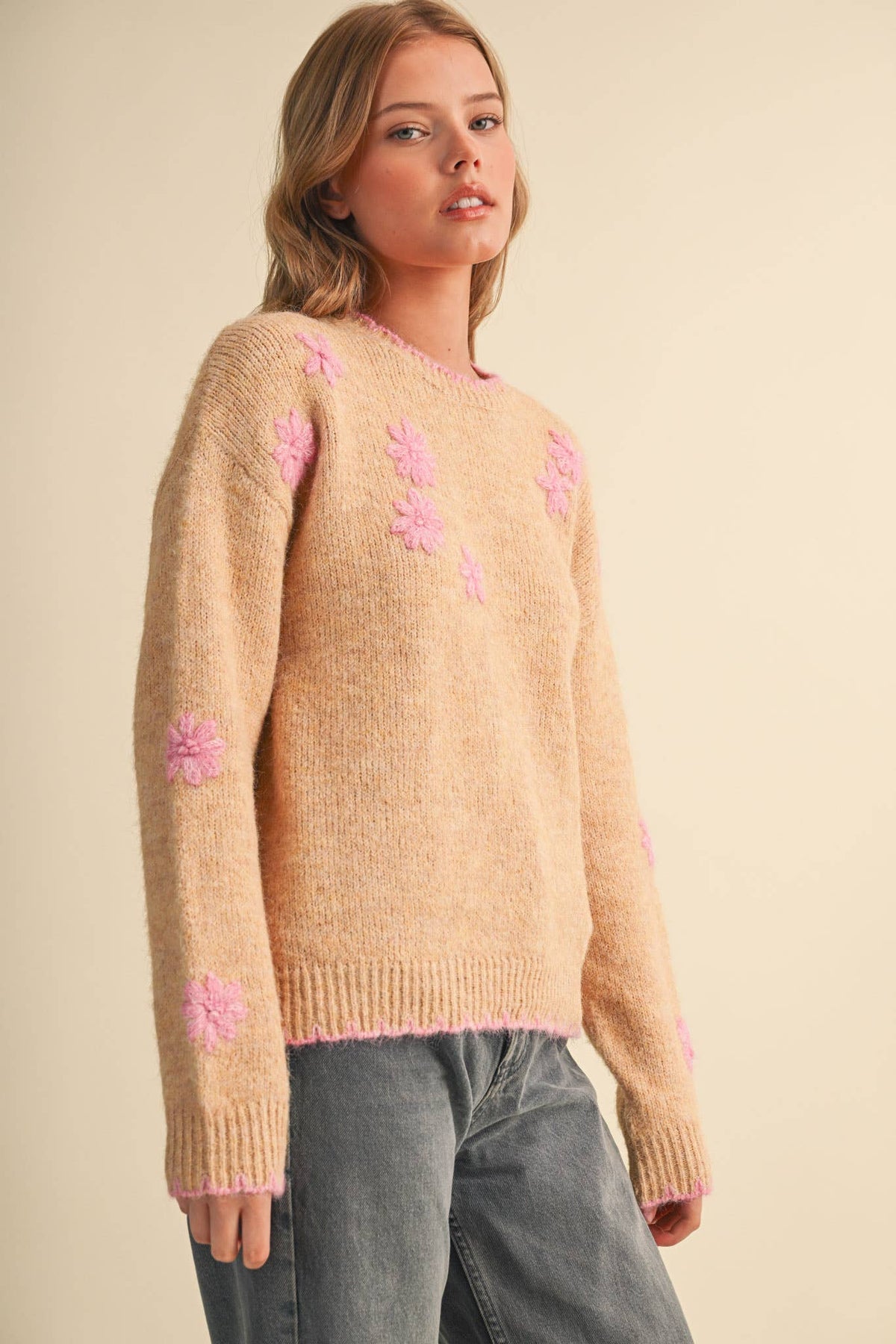 Desert Rose Scalloped Edge Pullover Sweater with Hand Embroidered Floral