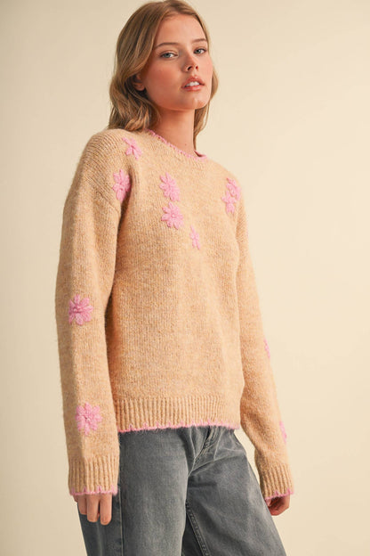 Desert Rose Scalloped Edge Pullover Sweater with Hand Embroidered Floral