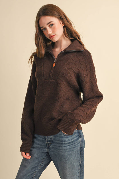 Shell Stitch Chocolate Brown Mock Neck Half Zip Pullover Sweater