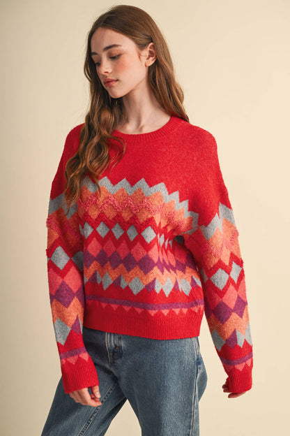 Fuzzy Texture Red Geometric Knit Sweater