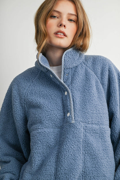 Blue Casual Half Button Fleece Sweatshirt