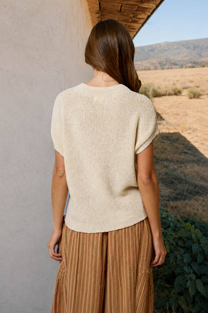 Outmeal Drop Shoulder Short Sleeve Sweater with Pocket
