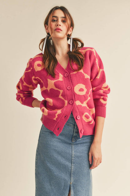 Abstract Floral Knit Sweater Cardigan