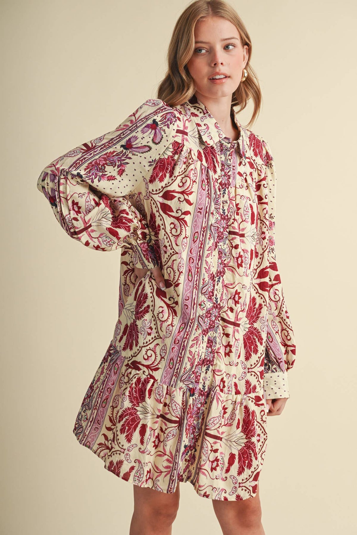 Fuchsia Paisley Print Button Down Mini Dress