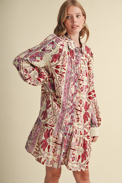 Fuchsia Paisley Print Button Down Mini Dress