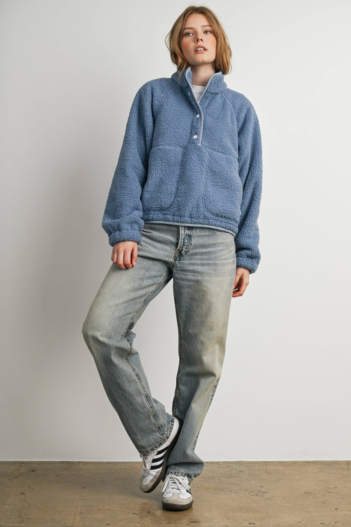 Blue Casual Half Button Fleece Sweatshirt