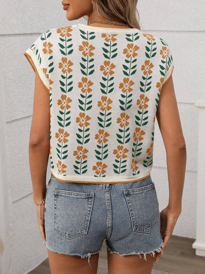 Retro Floral Knit Short Sleeve Vintage Pullover Tee