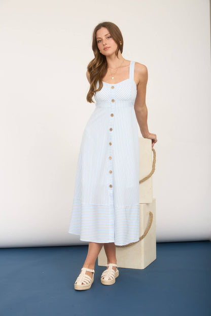 Stripe Sweetheart Button Down Sleeveless Midi Dress