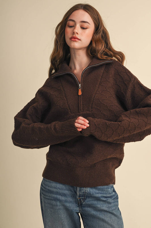 Shell Stitch Chocolate Brown Mock Neck Half Zip Pullover Sweater