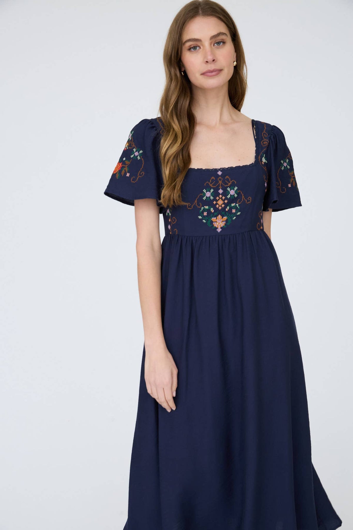 Navy Bell Sleeve Midi Dress with Embroidery Detail