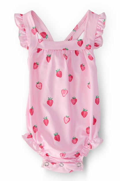 Sweet Strawberries Ruffle Cross Back Romper