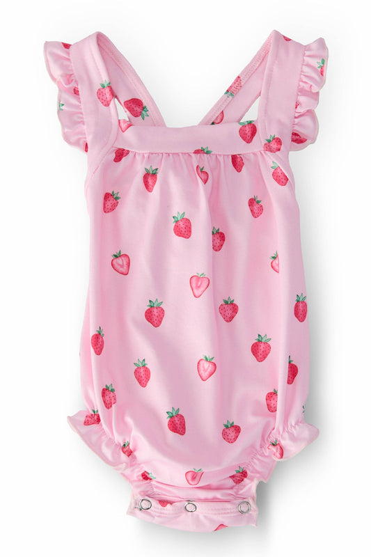 Sweet Strawberries Ruffle Cross Back Romper