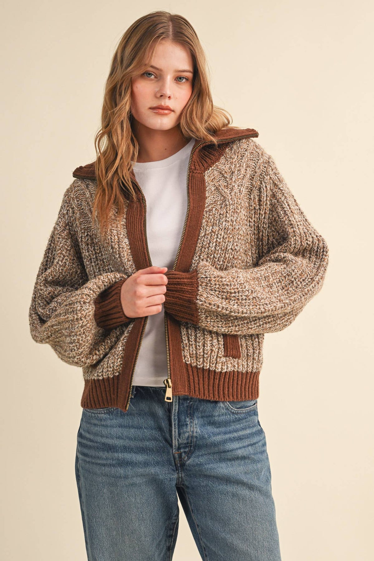 Mocha Contrast Zip Up Sweater Jacket