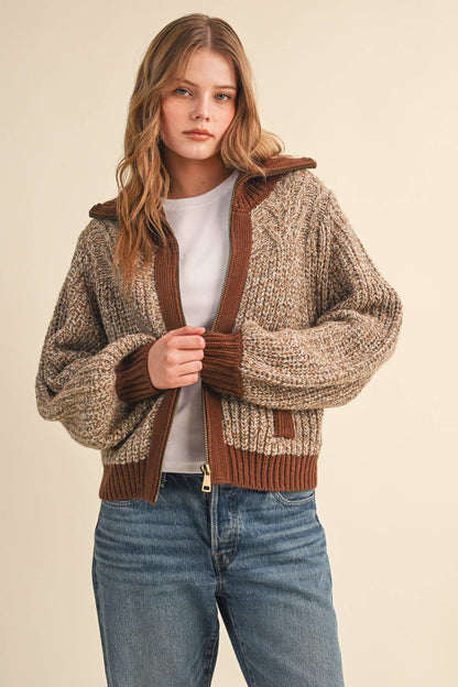 Mocha Contrast Zip Up Sweater Jacket