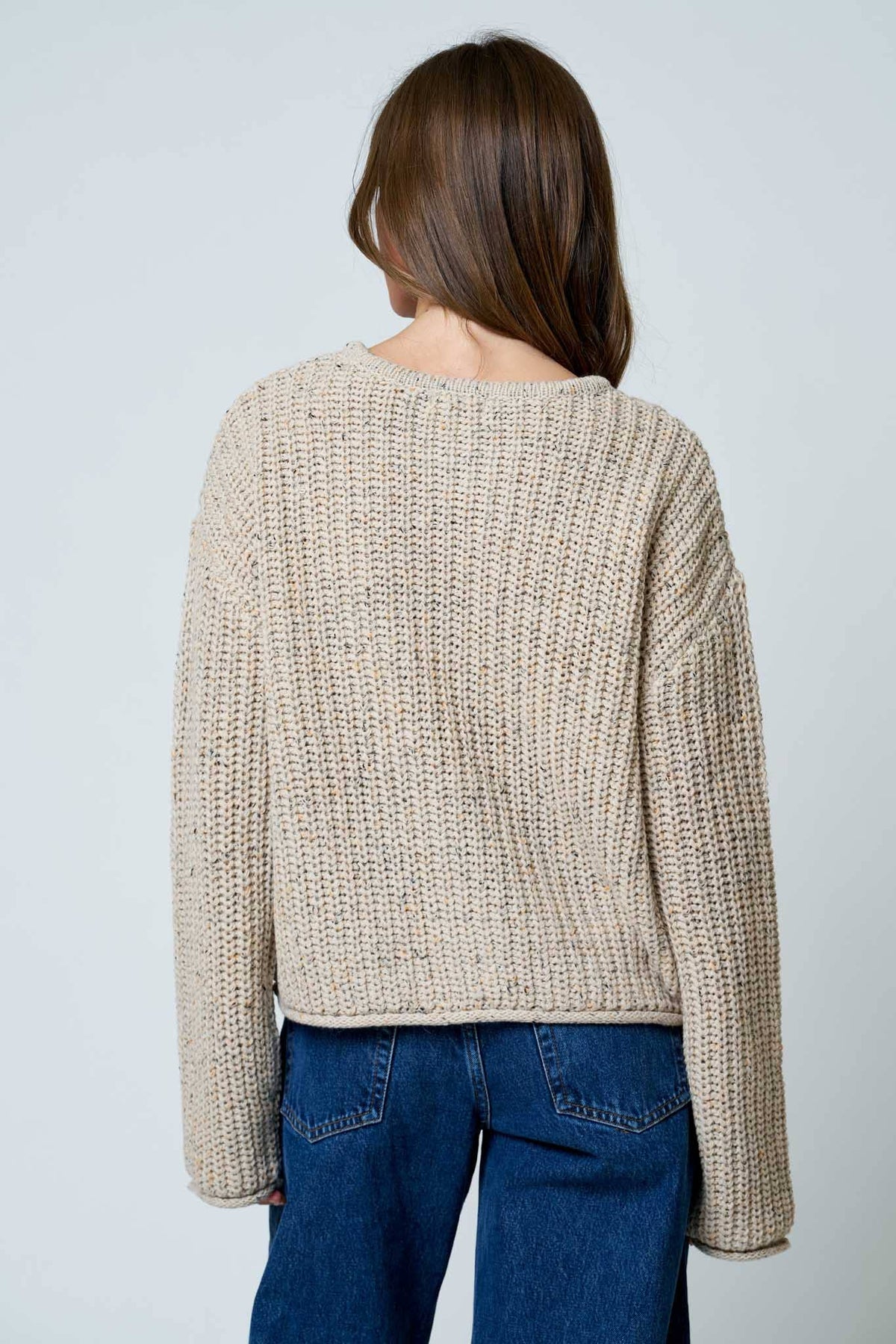 Light Khaki Button Down Raw Edge Chunky Knit Cardigan