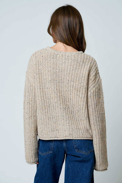 Light Khaki Button Down Raw Edge Chunky Knit Cardigan