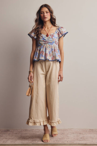 Floral Ruched Peplum Cotton Top