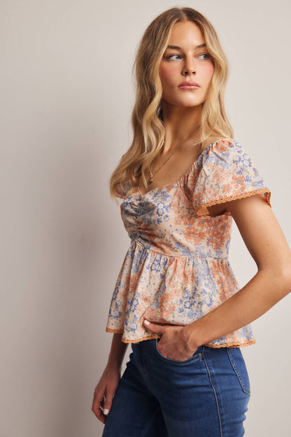 Floral Ruched Peplum Cotton Top