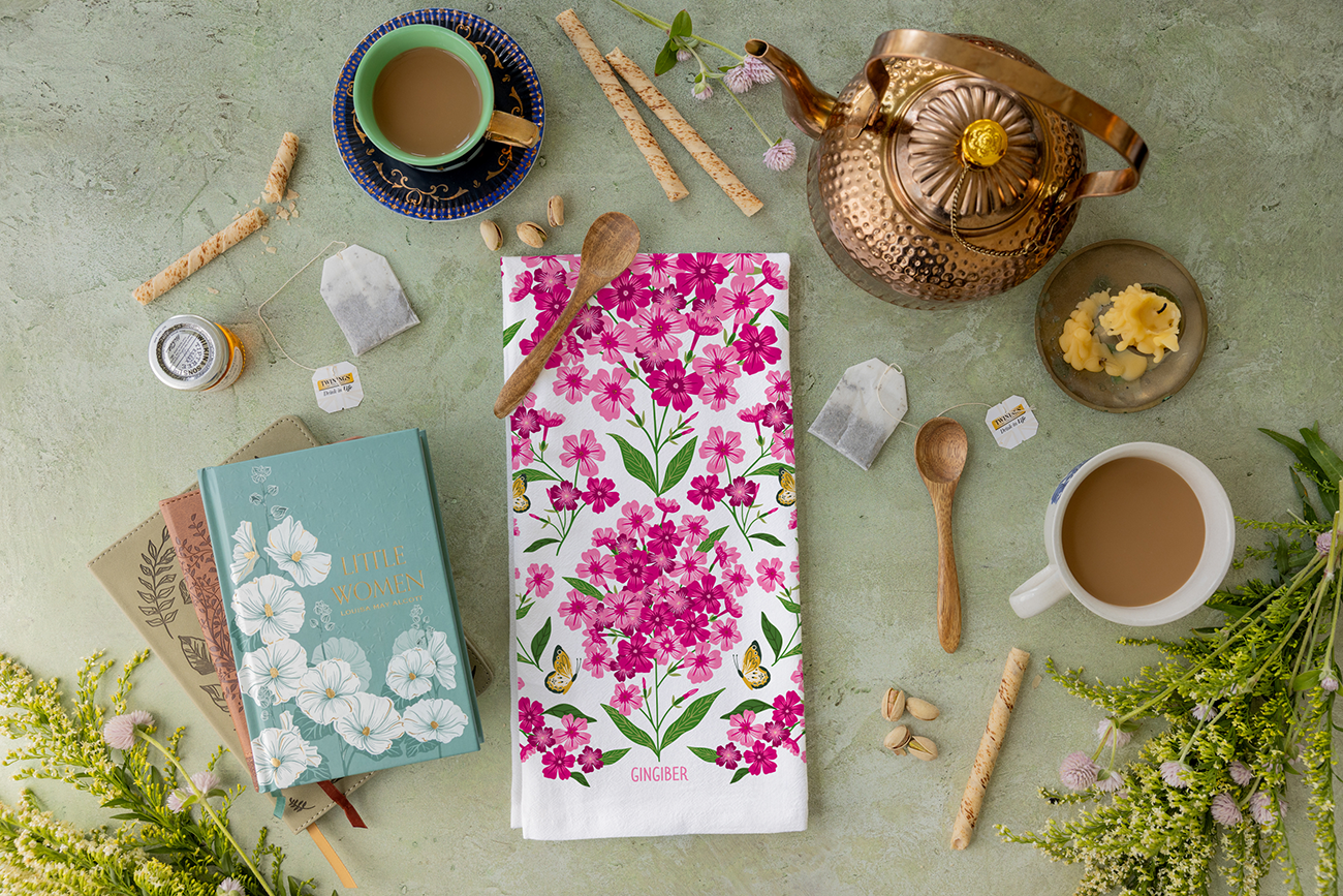 Pink Perennial Tea Towel - Spring Floral