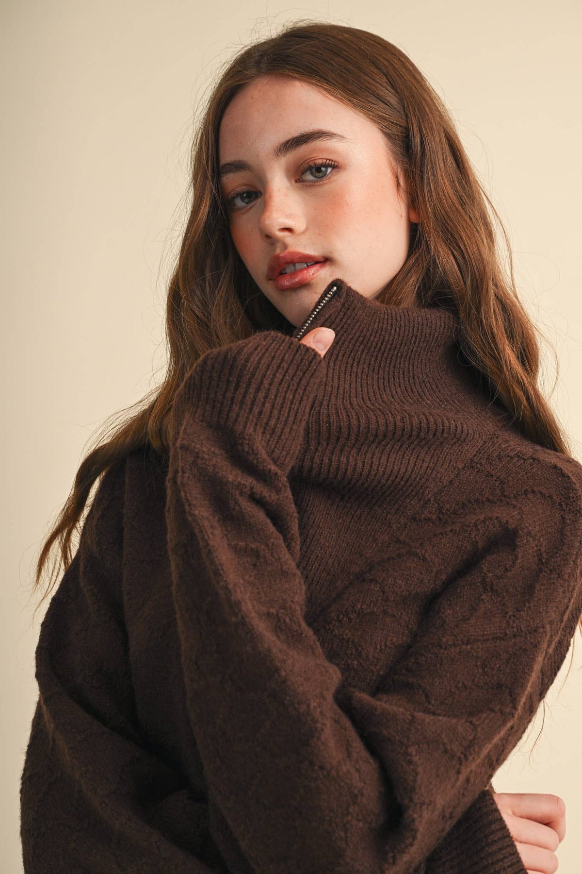 Shell Stitch Chocolate Brown Mock Neck Half Zip Pullover Sweater