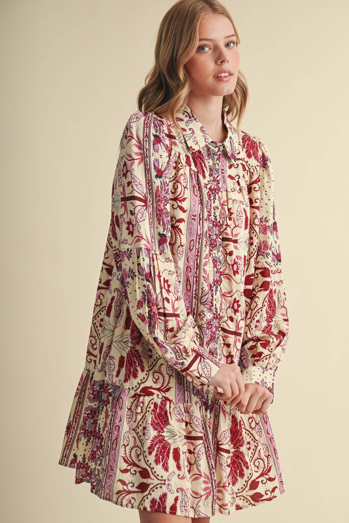 Fuchsia Paisley Print Button Down Mini Dress