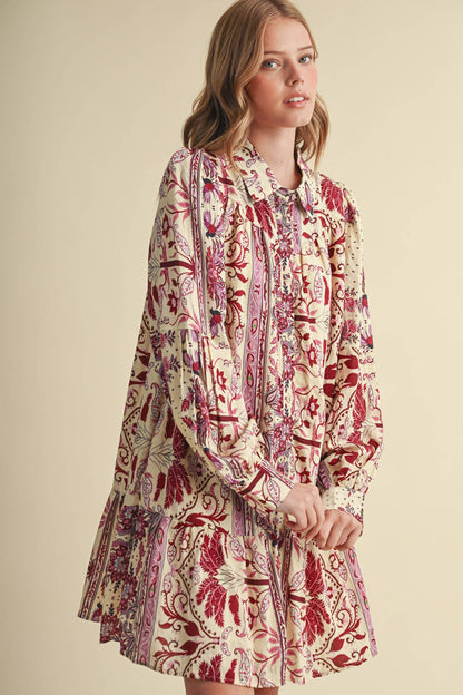 Fuchsia Paisley Print Button Down Mini Dress