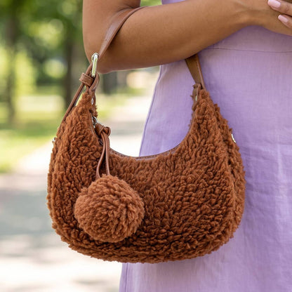Sherpa Fleece Pom Charm Hobo Bag