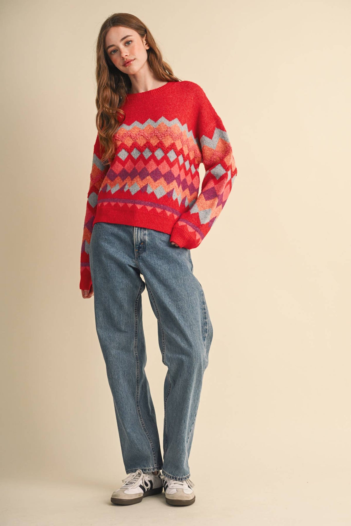 Fuzzy Texture Red Geometric Knit Sweater