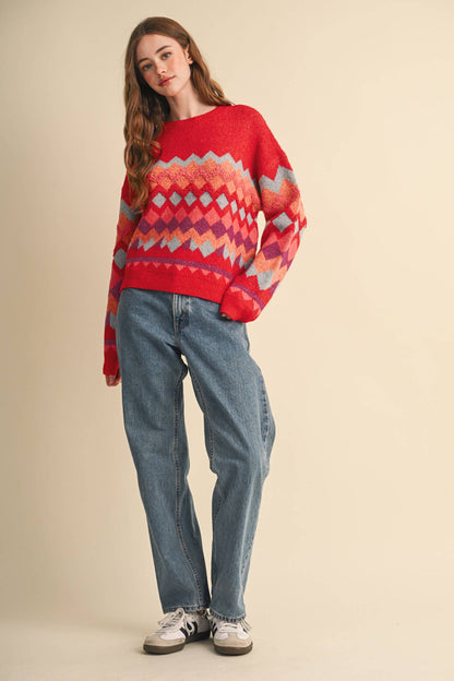 Fuzzy Texture Red Geometric Knit Sweater