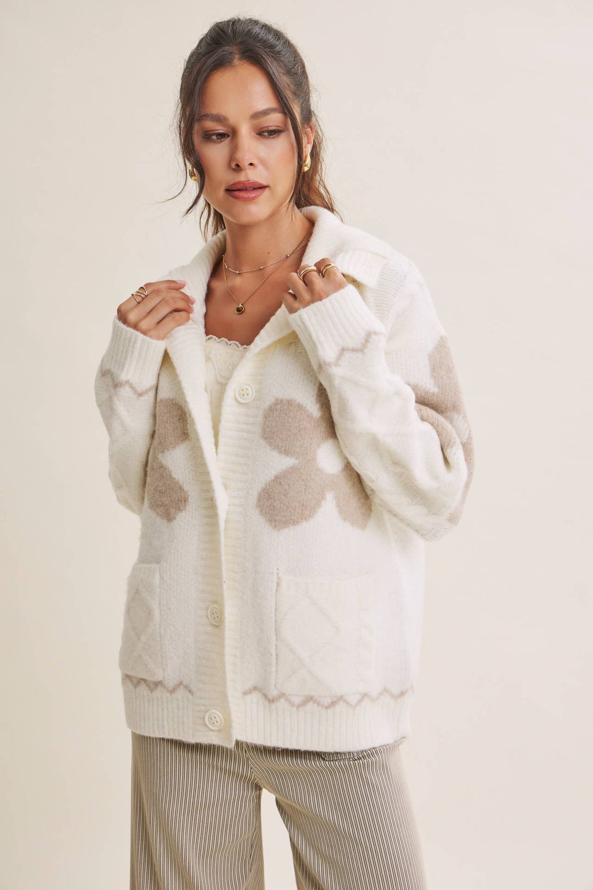 French Cottage Floral Intarsia Sweater Jacket Cardigan
