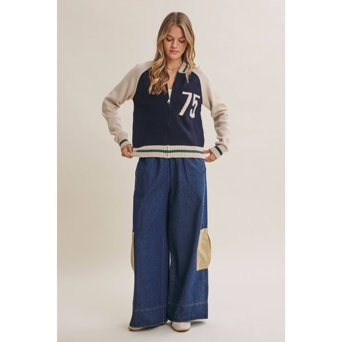 Varsity Collegiate Zip Front Cotton Sweater Bomber Jacket