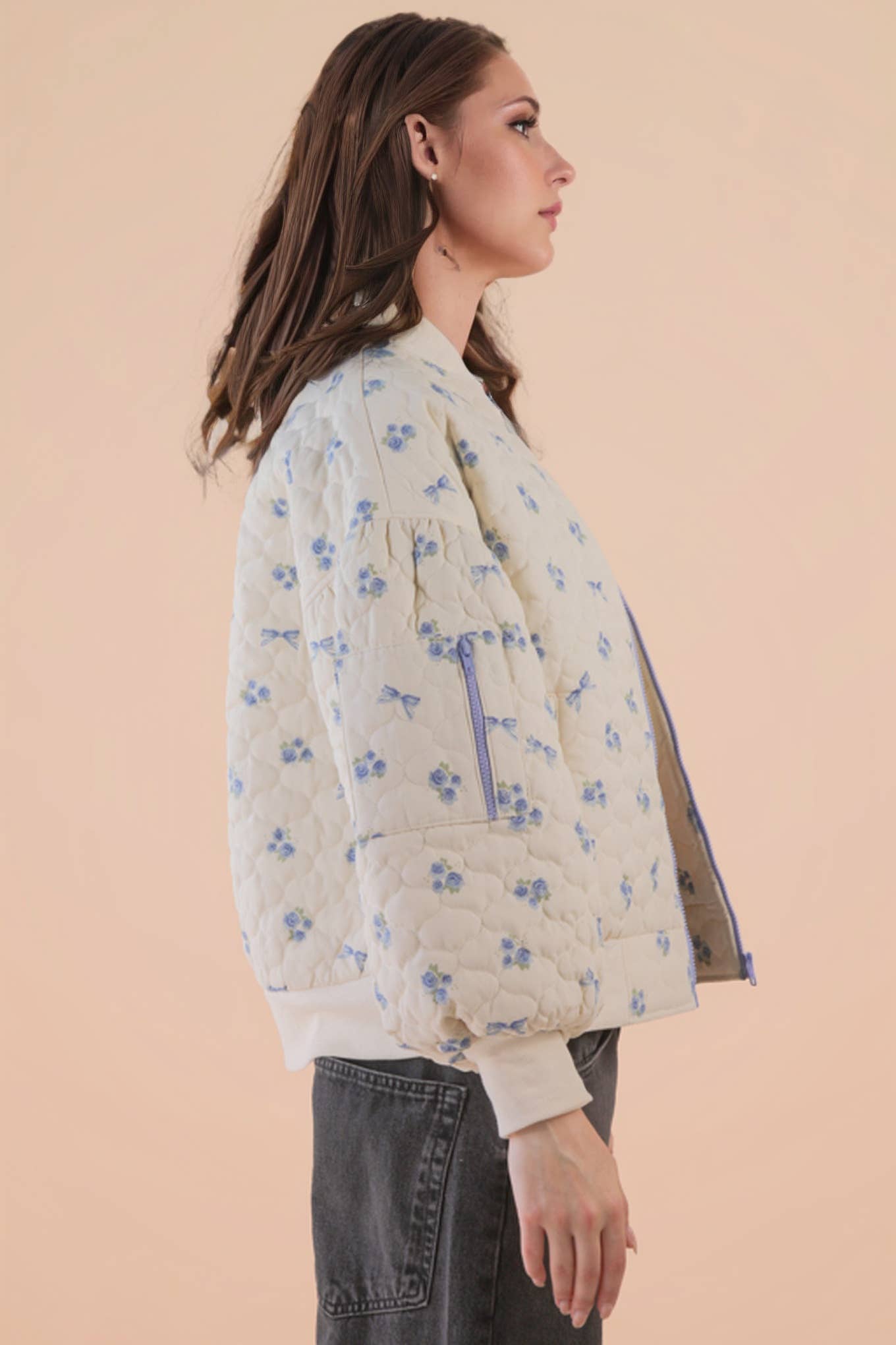 Floral Printed Quilted Oversized Casual Jacket