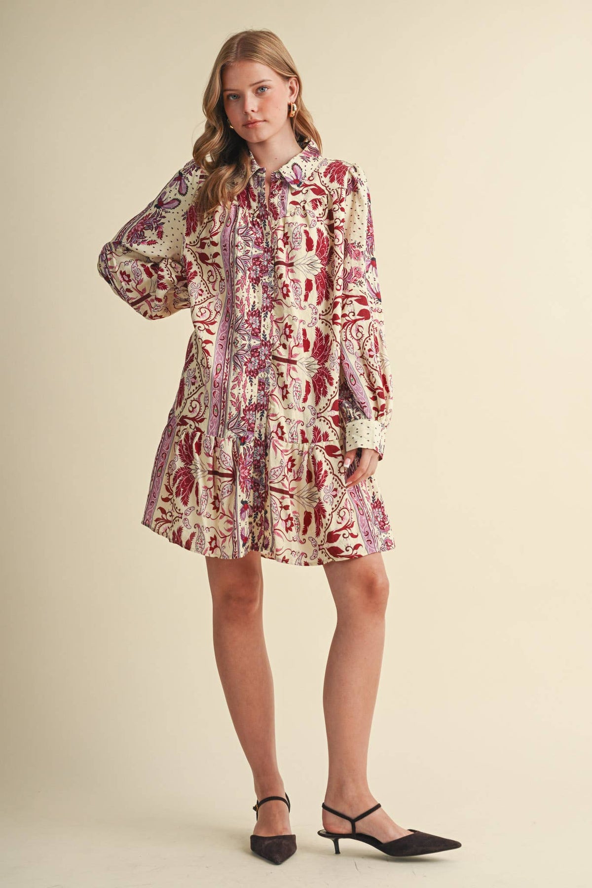 Fuchsia Paisley Print Button Down Mini Dress