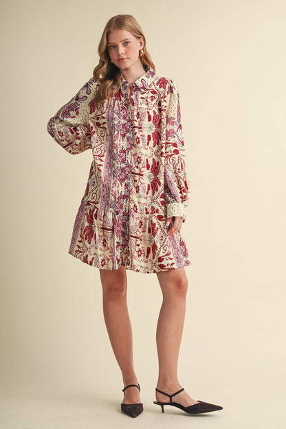 Fuchsia Paisley Print Button Down Mini Dress