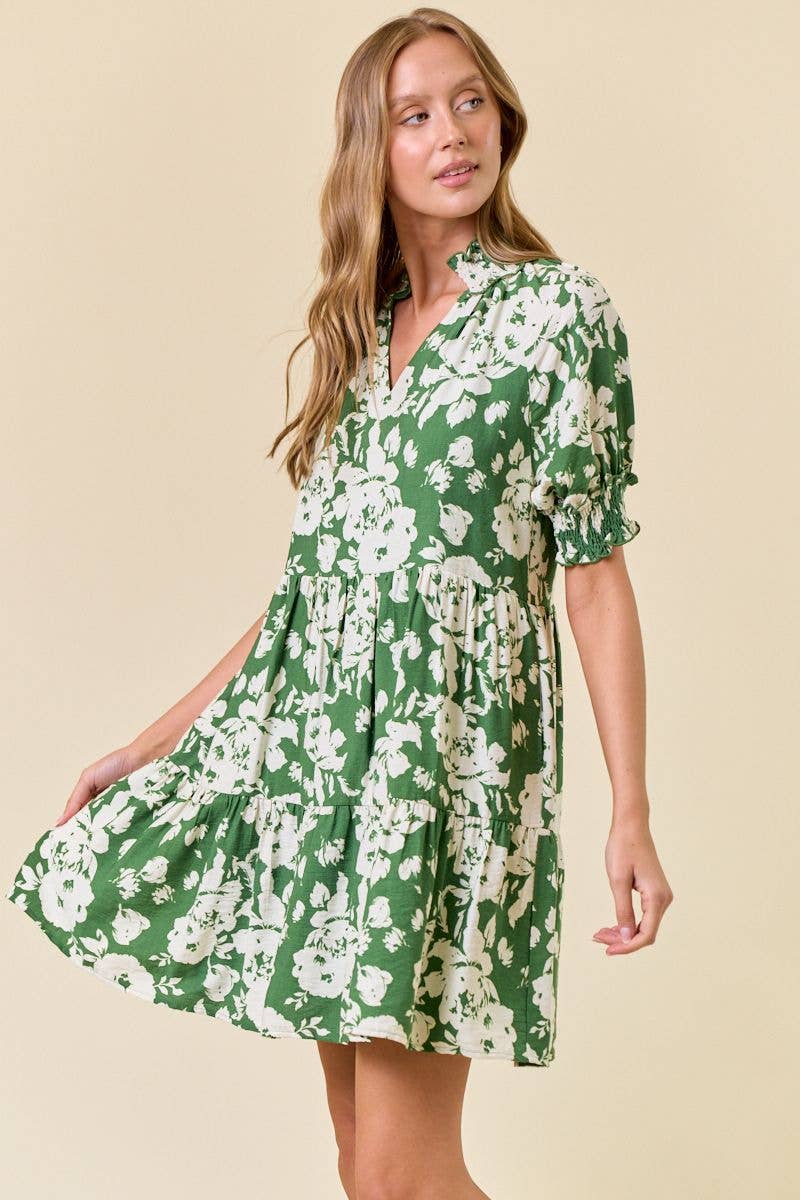 Green Floral Print Split V-Neck Puff Short Sleeve Dress