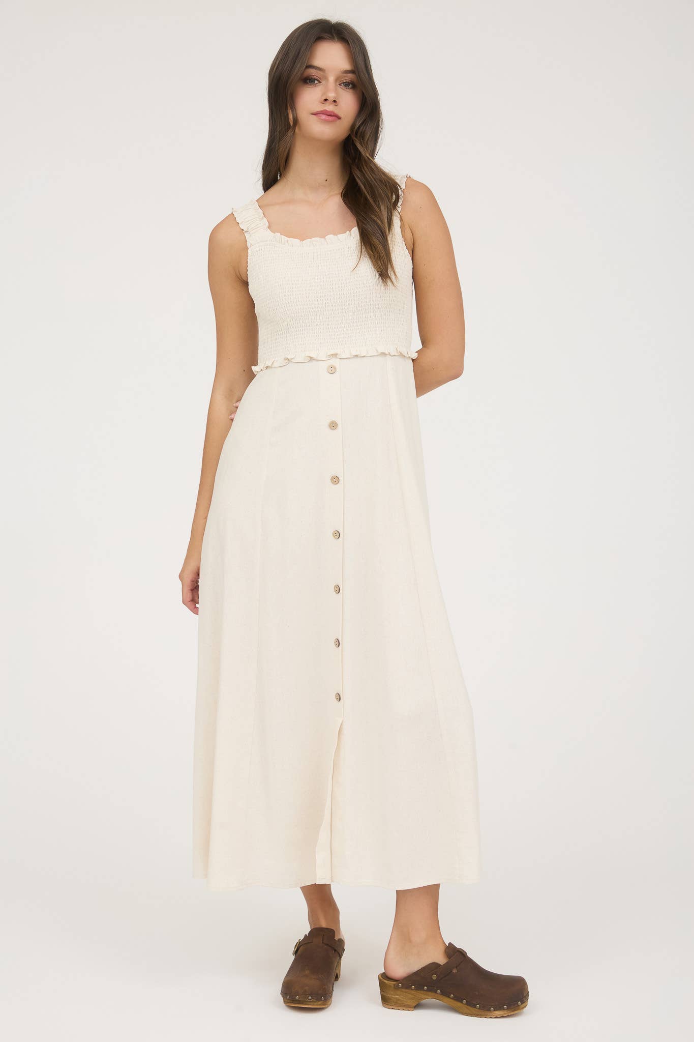 Ivory Smocked Sleeveless Button Down Midi Dress