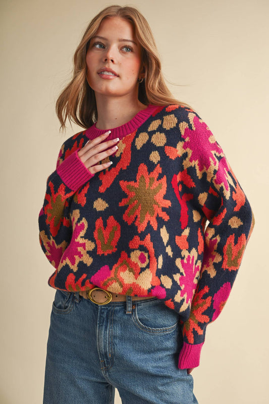 Navy and Pink Abstract Floral Knit Sweater