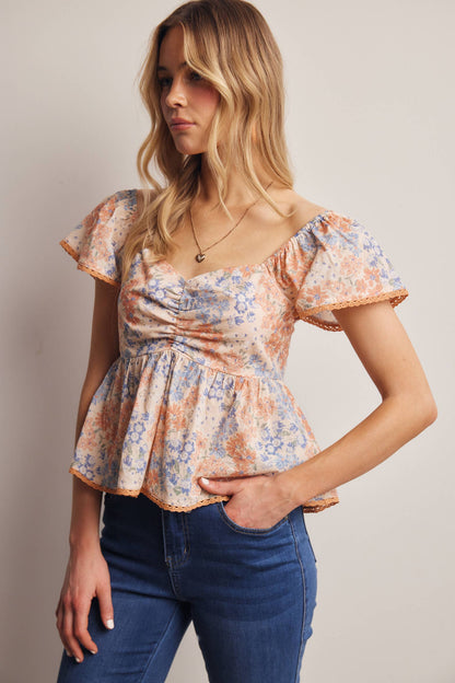 Floral Ruched Peplum Cotton Top