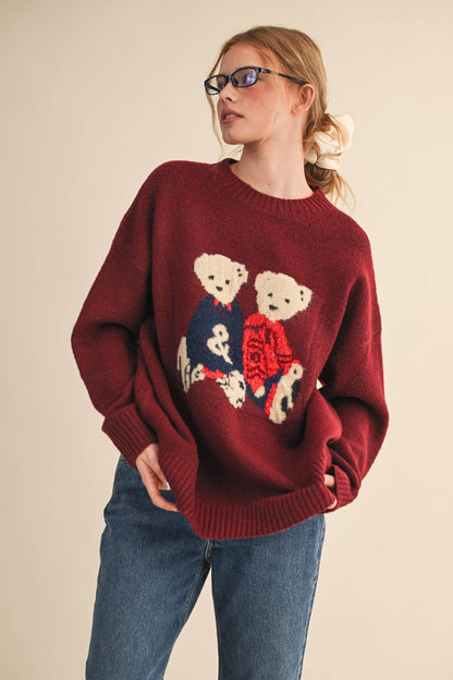 Teddy Bear Burgundy Pullover Sweater