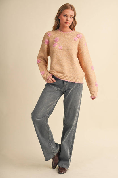 Desert Rose Scalloped Edge Pullover Sweater with Hand Embroidered Floral