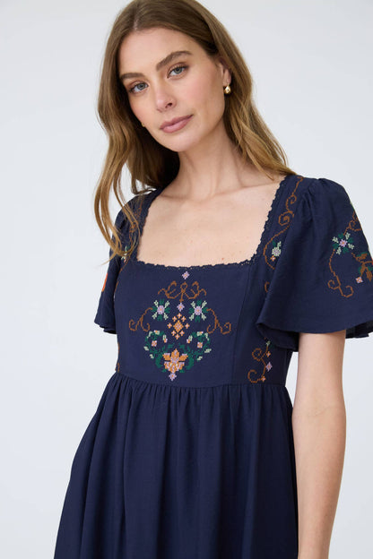 Navy Bell Sleeve Midi Dress with Embroidery Detail