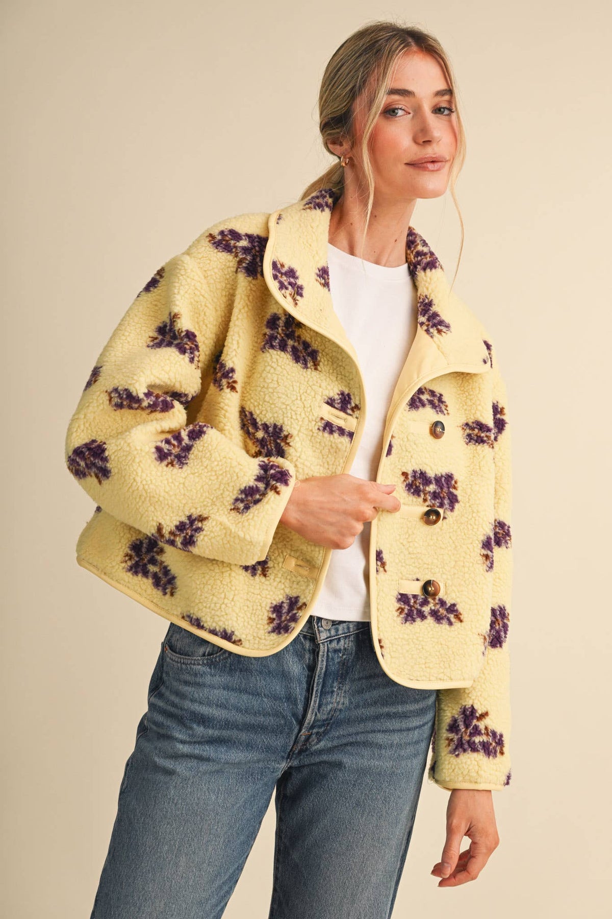 Lemon Floral Faux Sherpa Jacket