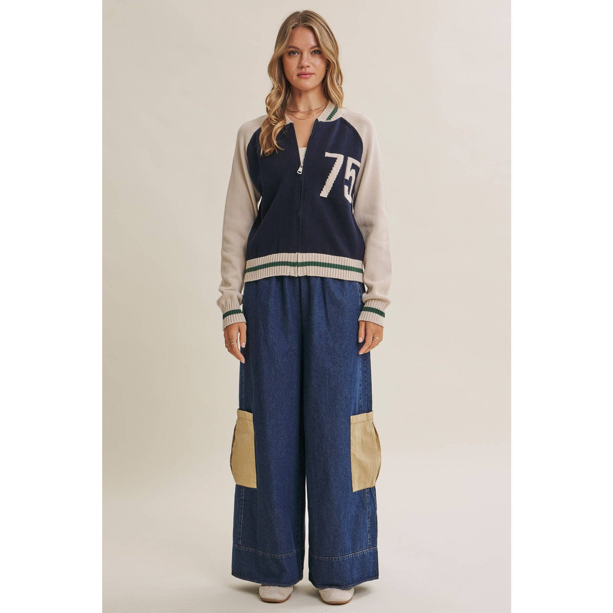 Varsity Collegiate Zip Front Cotton Sweater Bomber Jacket