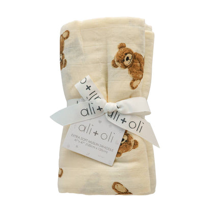 Bamboo Muslin Swaddle Baby Blanket (Teddy Bear)