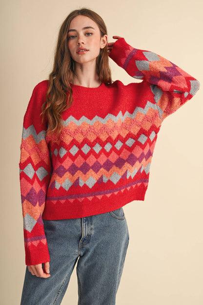 Fuzzy Texture Red Geometric Knit Sweater