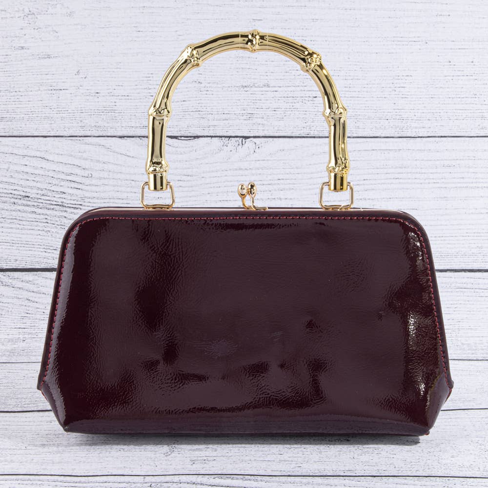 Patent Vegan Leather Bamboo Handle Frame Bag
