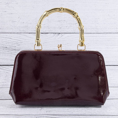 Patent Vegan Leather Bamboo Handle Frame Bag
