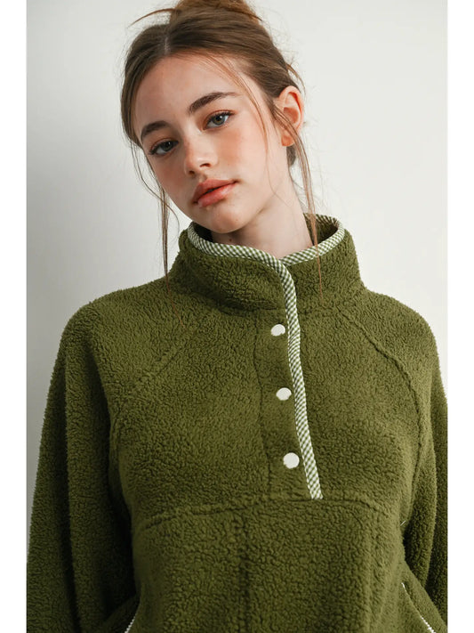 Olive Casual Half Button Fleece Sweatshirt